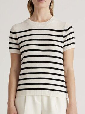 Quince Mongolian Cashmere Short-Sleeve Sweater, Off-White & Black, Sz. M